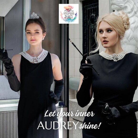 Audrey Hepburn Inspired 5-Piece Costume Jewelry Set with Necklace, Tiara, Earrin - Picture 5 of 6